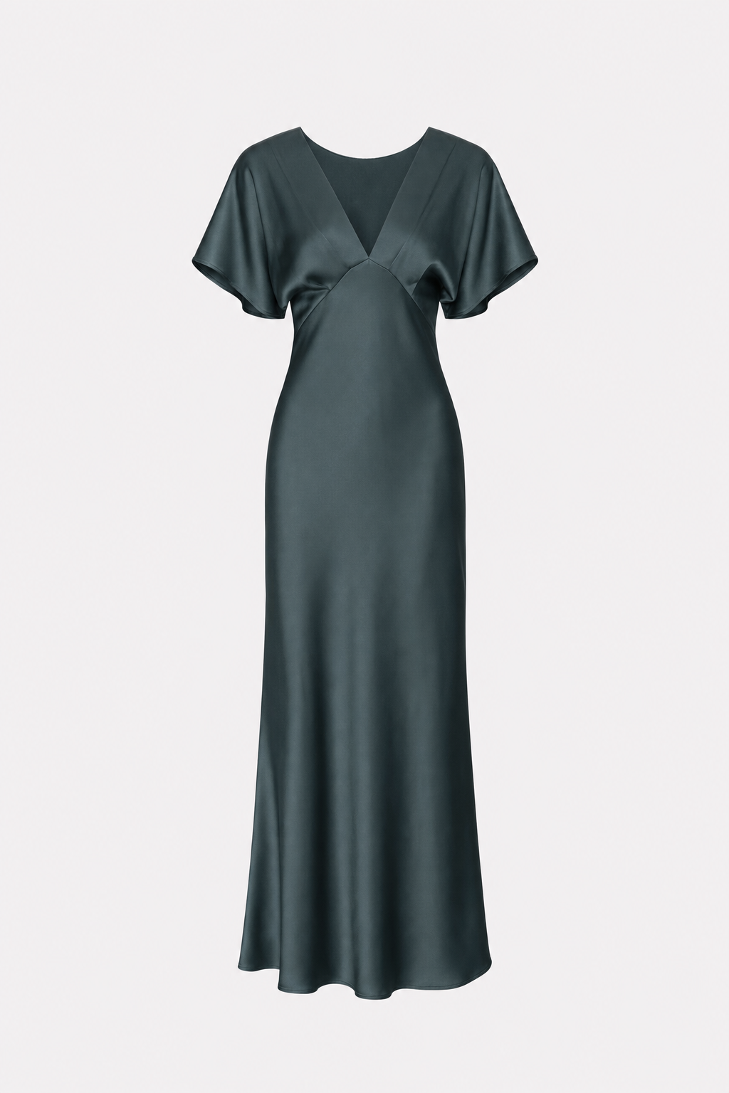 Grey green satin cowl sleeve midi dress