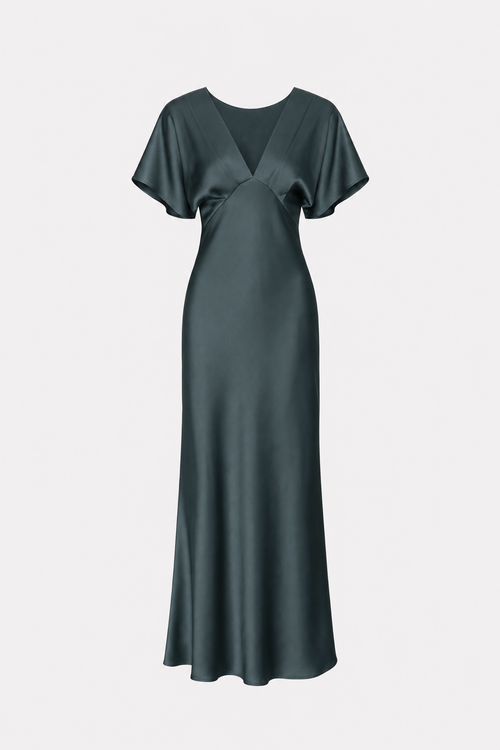 Grey green satin cowl sleeve midi dress
