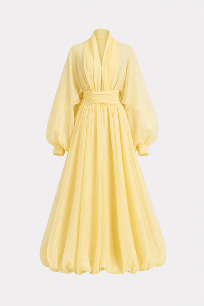 Organza Puff Sleeve Maxi Dress in Yellow