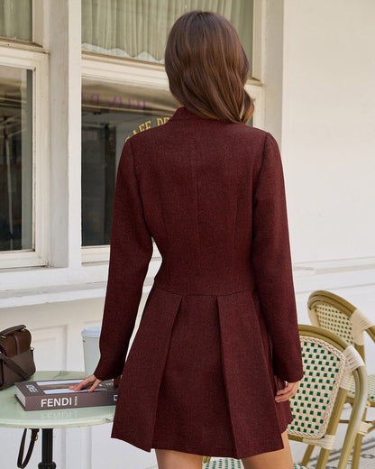Wine red pleated button mini dress - view 4