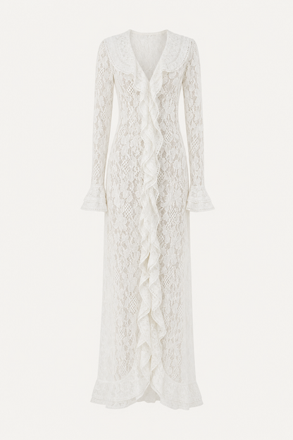 Bell Sleeve Lace Maxi Dress in White