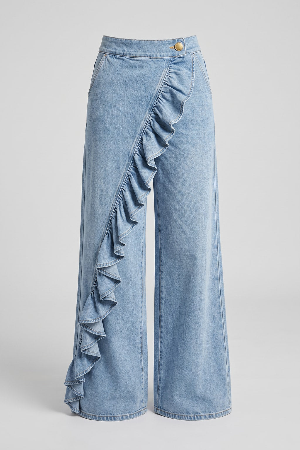 Denim Wide Leg Jeans With Ruffle Trim - 1