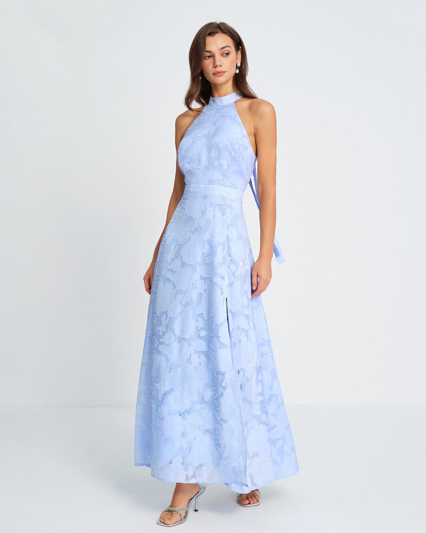 Blue Jacquard Maxi Dress with Open Back - view 2