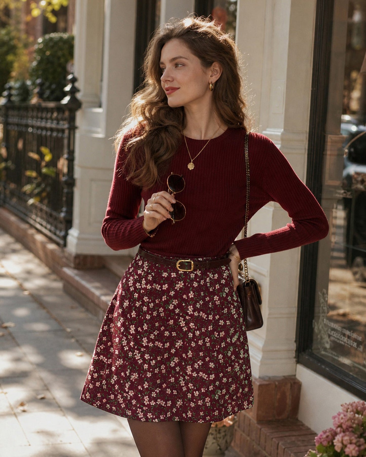 Red Floral A-Line Mini Skirt, Elastic Waist - view 2