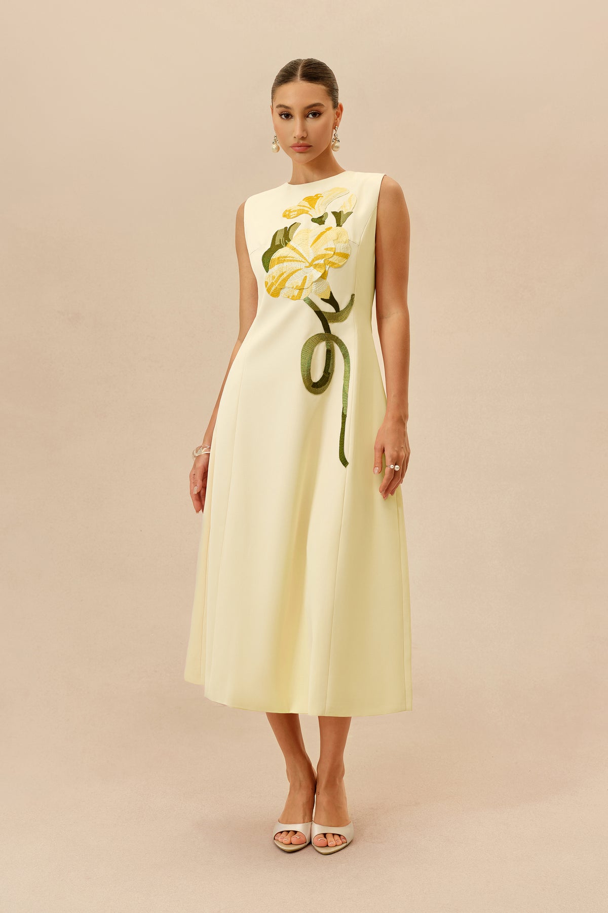 Light Yellow Floral Embroidery Midi Dress - view 2