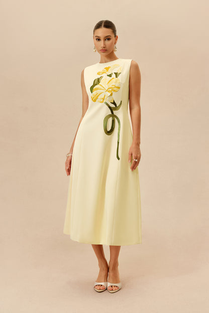 Light Yellow Floral Embroidery Midi Dress - view 2