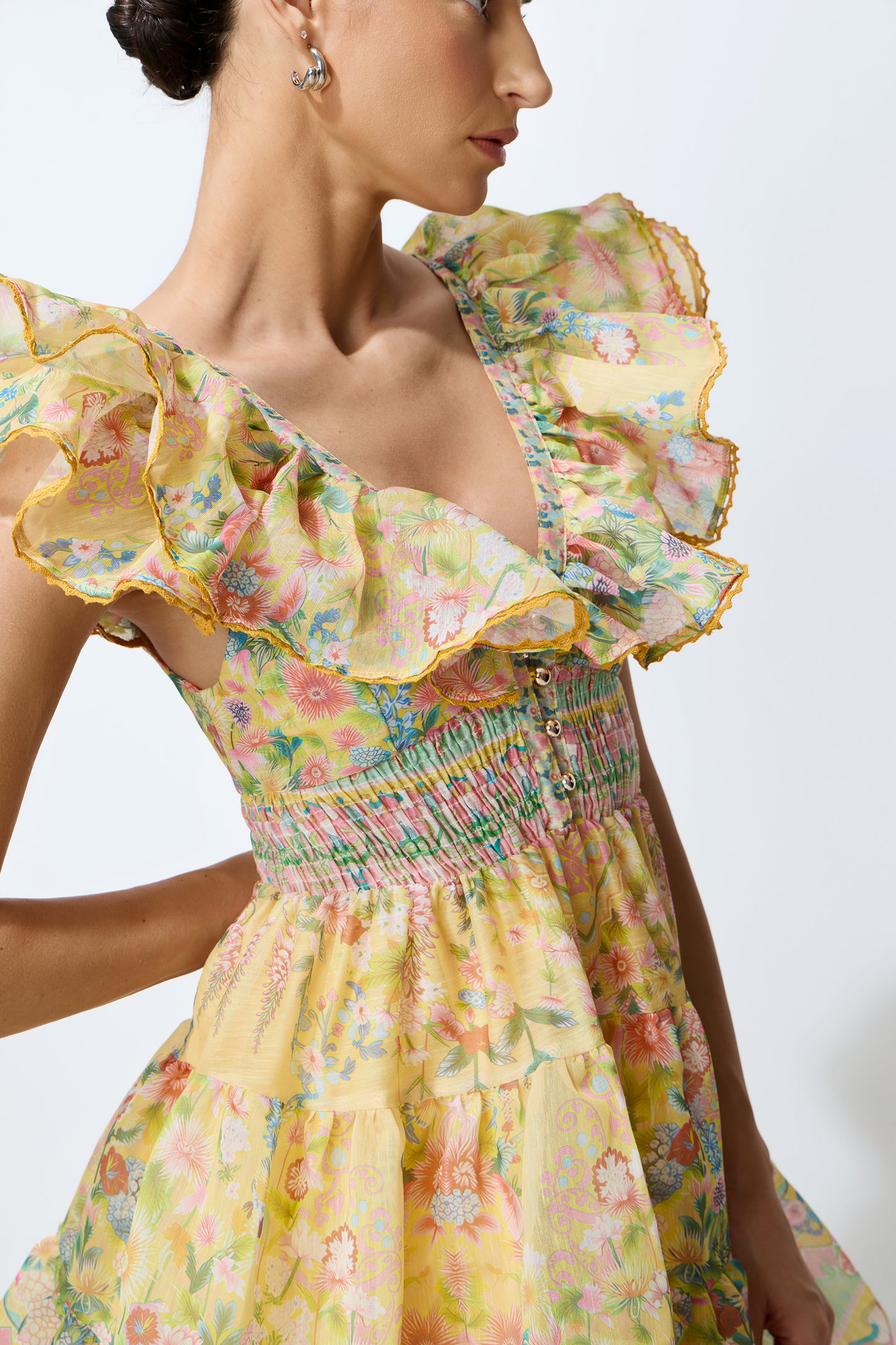 Yellow floral mini dress with ruffle trim - view 3
