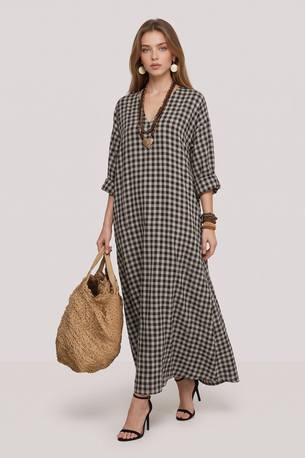 Polyester Maxi Dress Casual V-Neck Plaid Vintage Style - 6