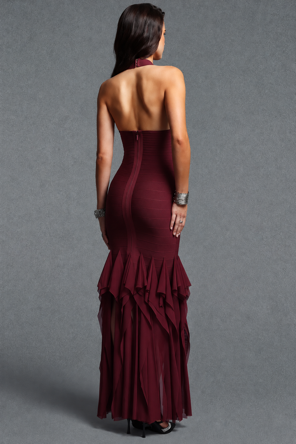 Bandage Maxi Dress Halter V-Neck Ruffled Contour Glamorous - 3