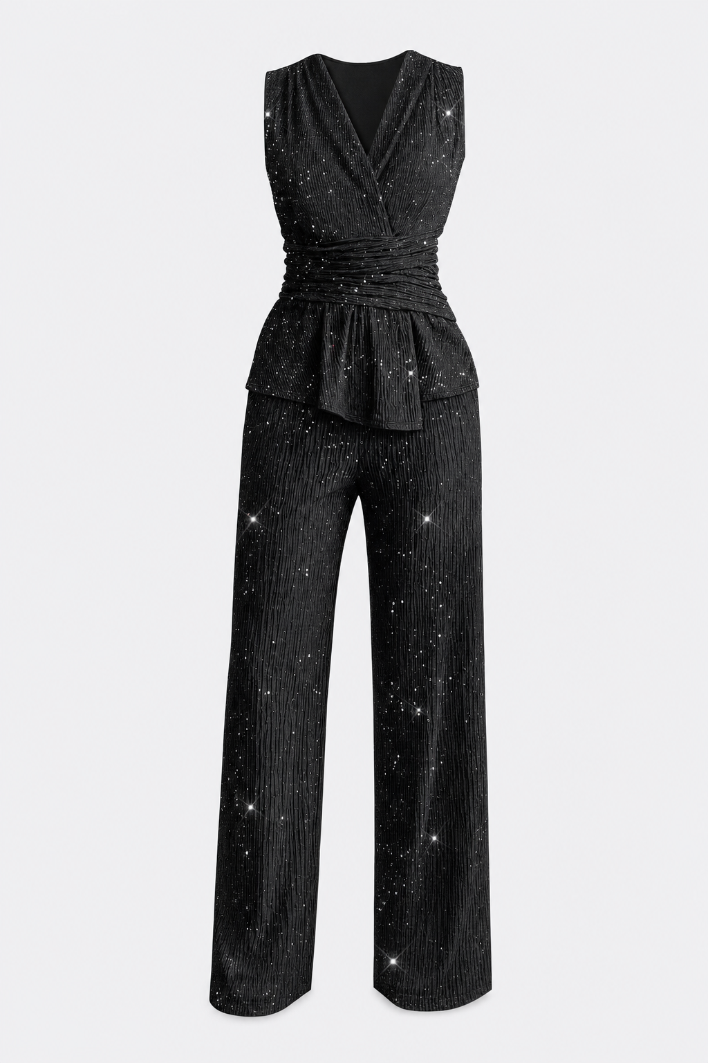 Glitter Knit Wrap Top and Wide-Leg Pants Set