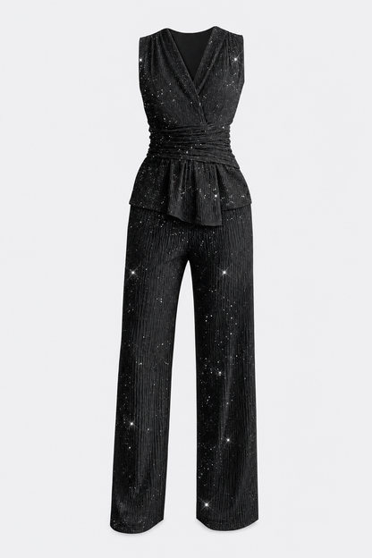 Glitter Knit Wrap Top and Wide-Leg Pants Set