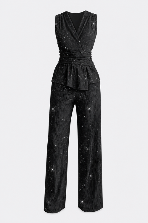 Glitter Knit Wrap Top and Wide-Leg Pants Set