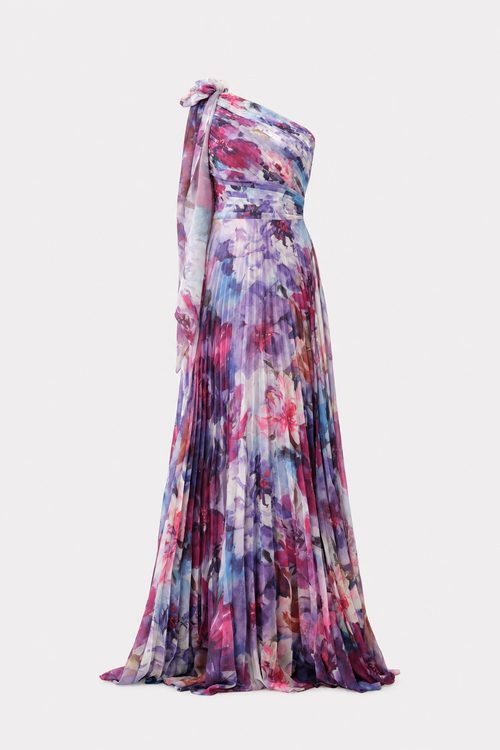Purple Floral One-Shoulder Chiffon Maxi Dress