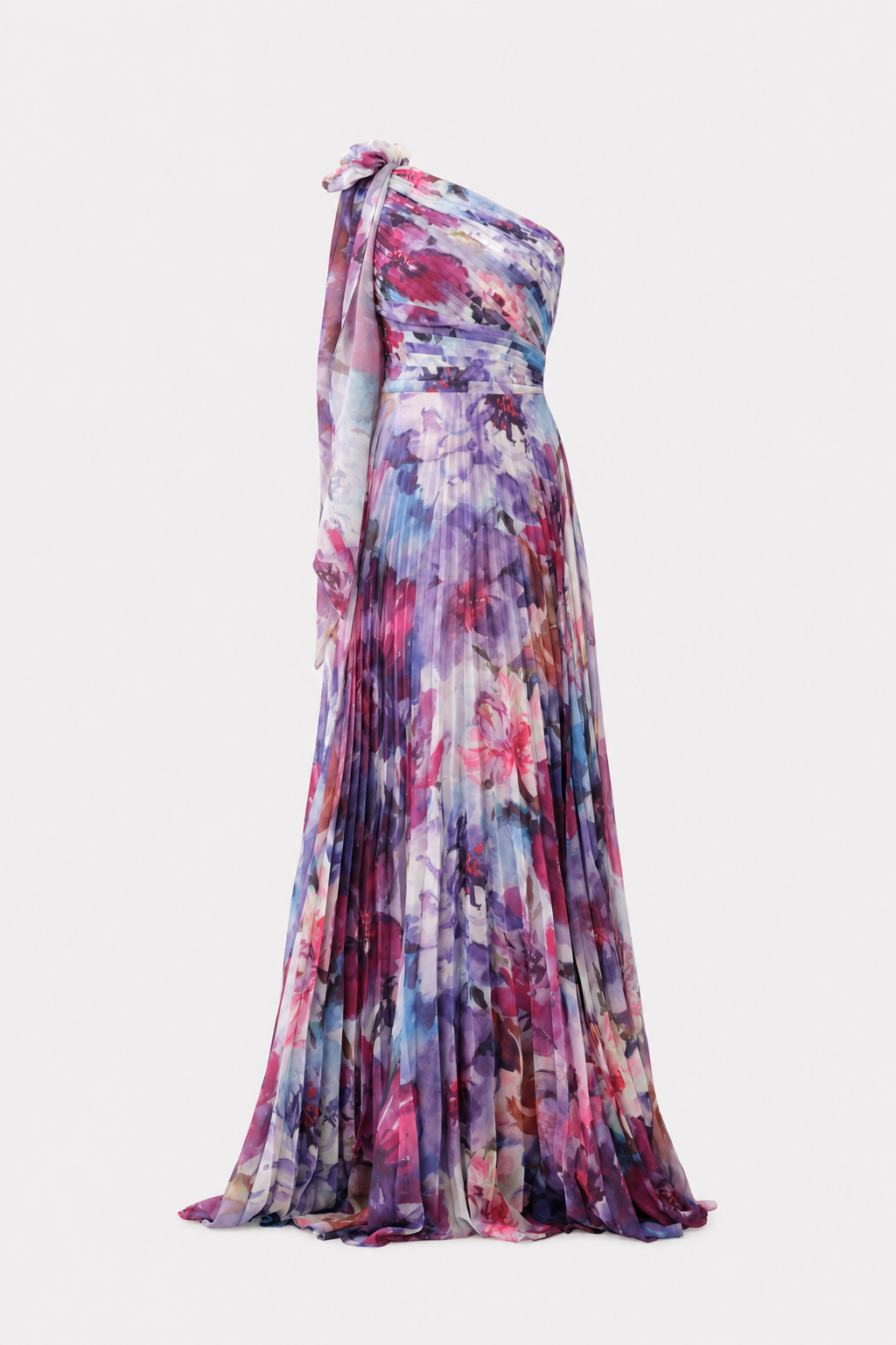 Purple Floral One-Shoulder Maxi Dress With Pleated Chiffon Skirt - 1