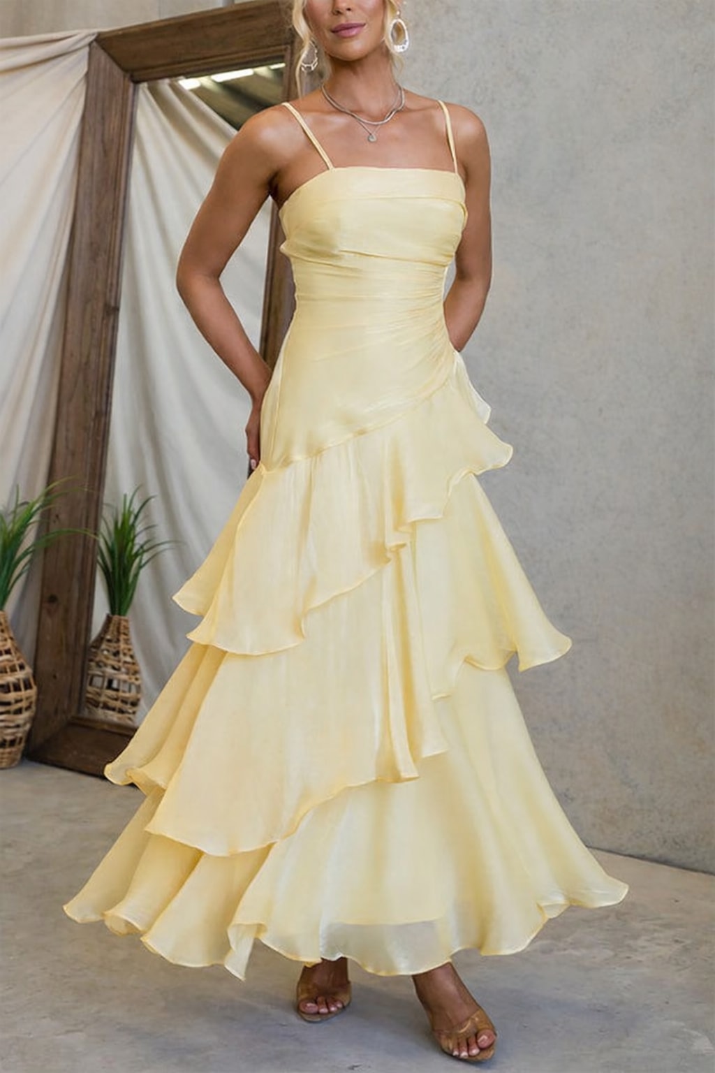 Polyester Maxi Dress With Square Neck And Ruffles - 8