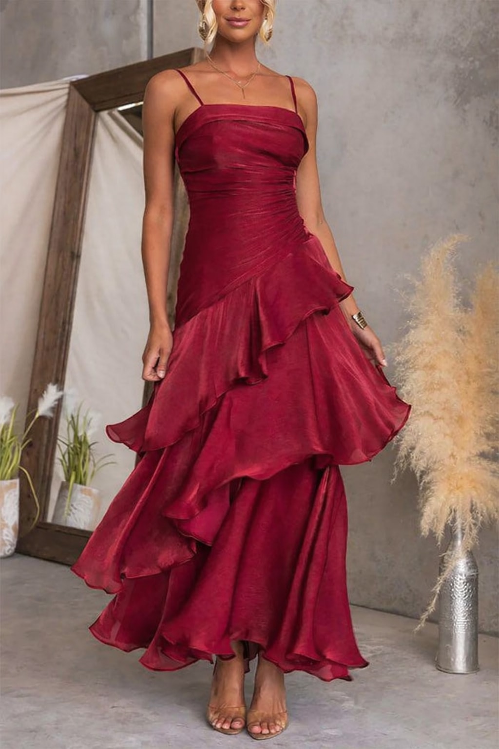 Polyester Maxi Dress With Square Neck And Ruffles - 2
