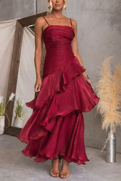 Polyester Maxi Dress With Square Neck And Ruffles - 2