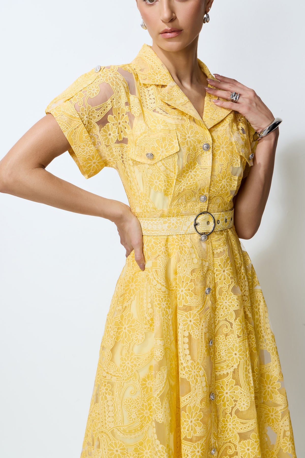 Belted Floral Lace Midi Dress in Yellow - view 3