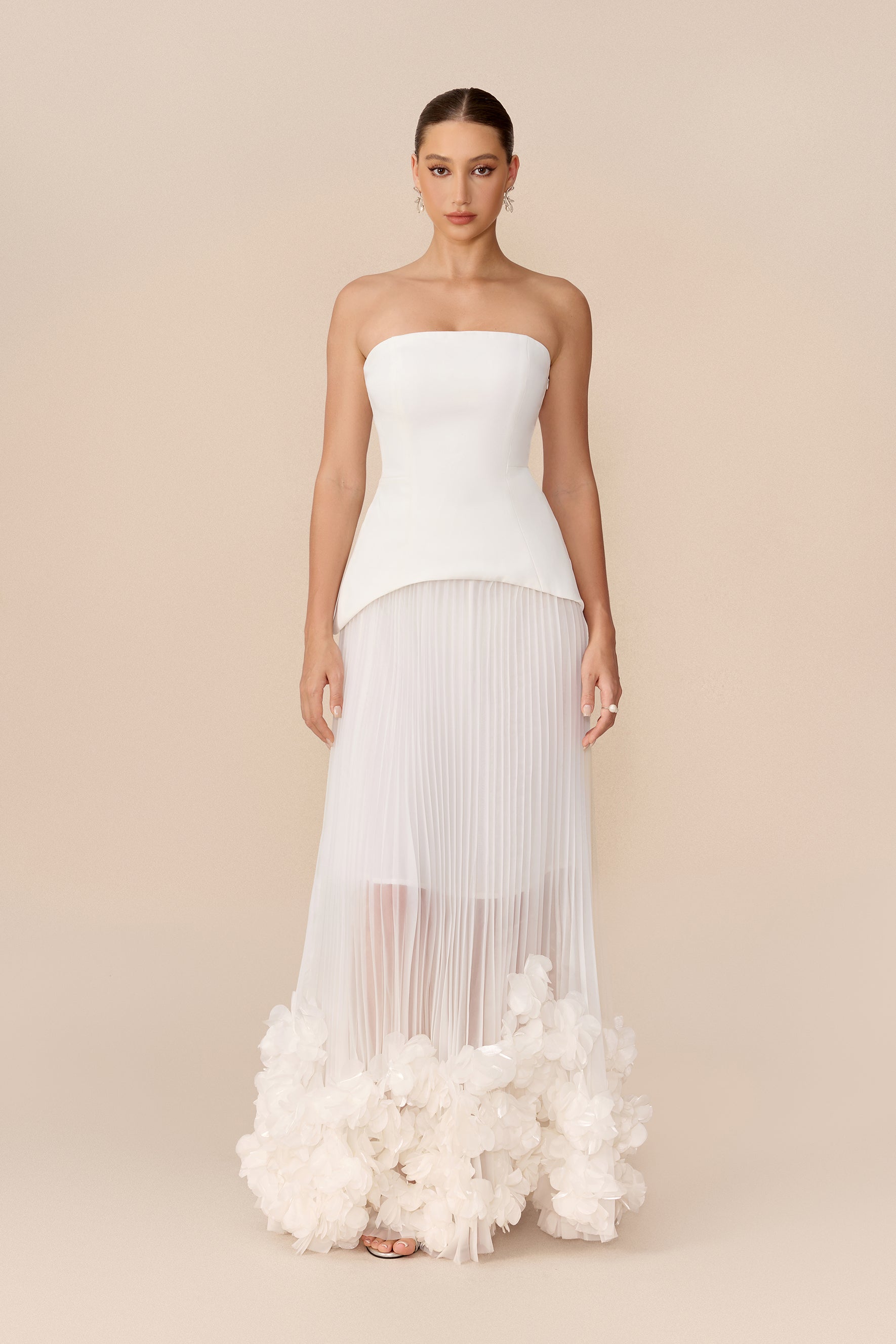 White two-piece skirt set with floral applique hem - view 2