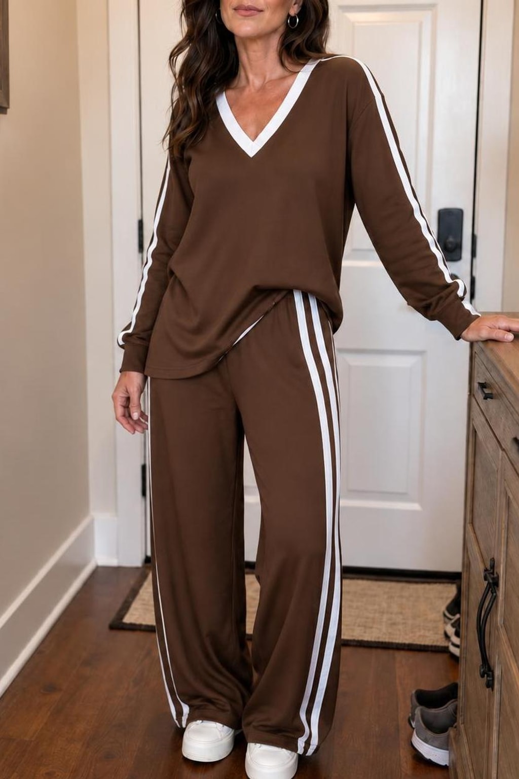Polyester Knit Wrap Top Wide-Leg Pants Set - 7
