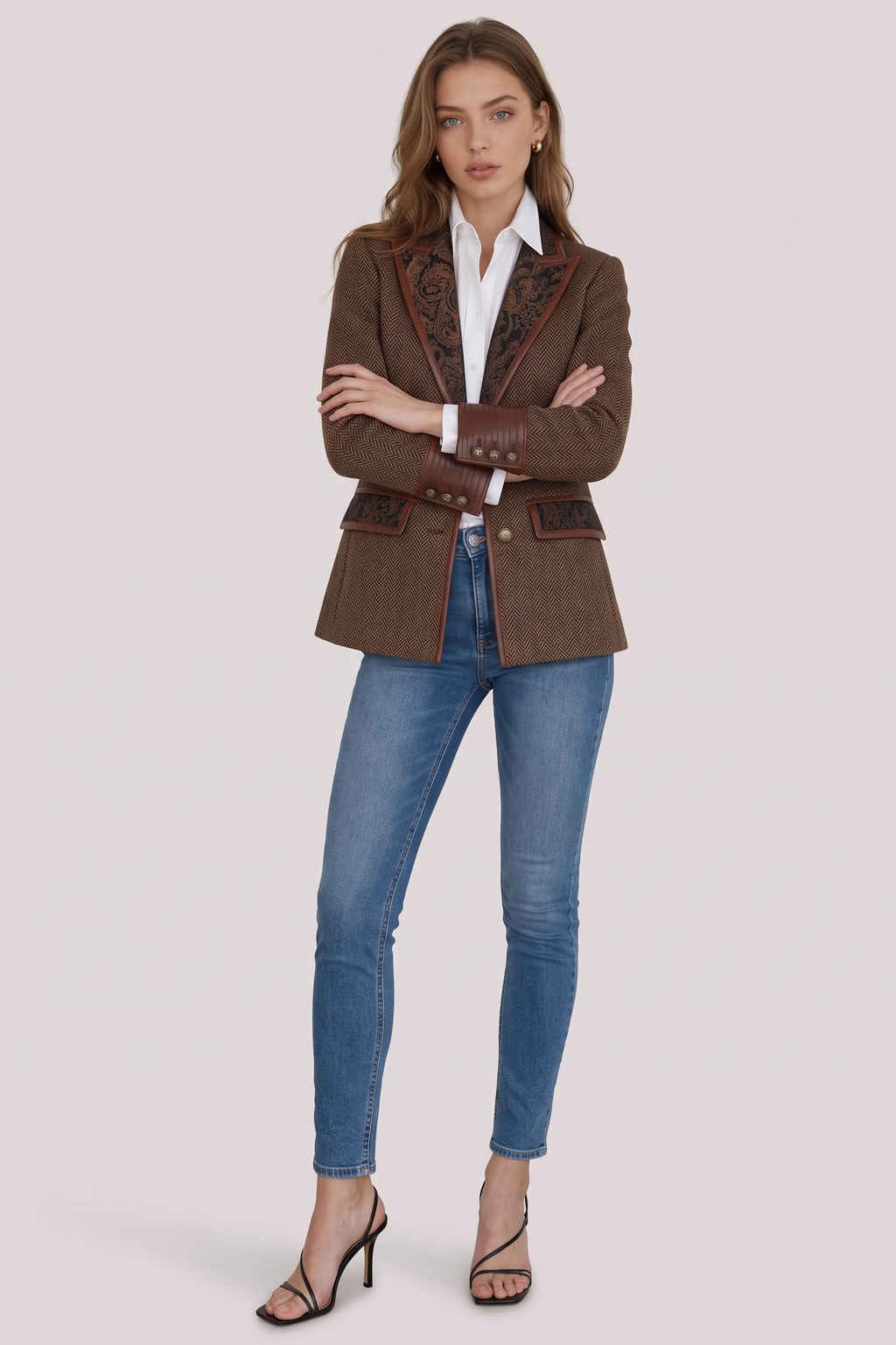 Tweed Long Sleeve Blazer With Printed Panels - 4