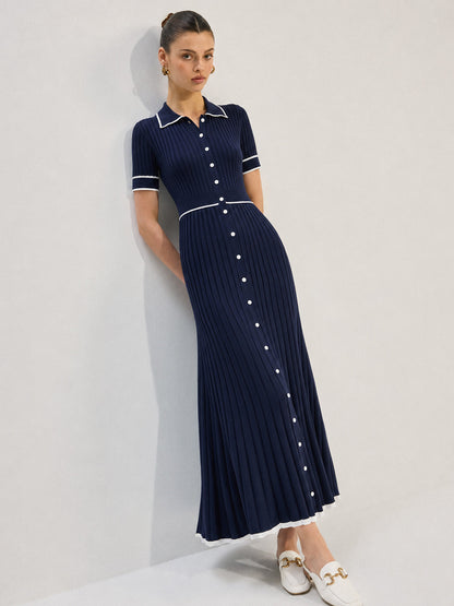 Blue Rib Knit Midi Dress, Contrast Collar - view 4