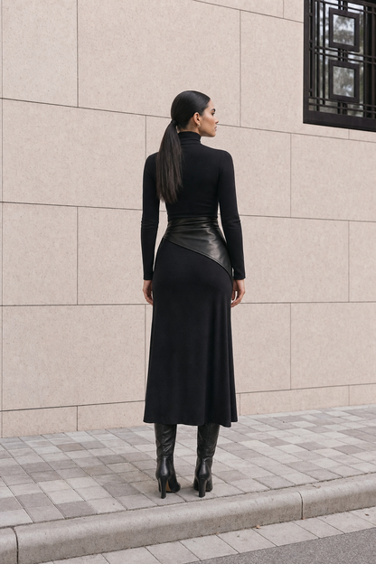Faux Leather Belted Turtleneck Maxi Dress - view 4