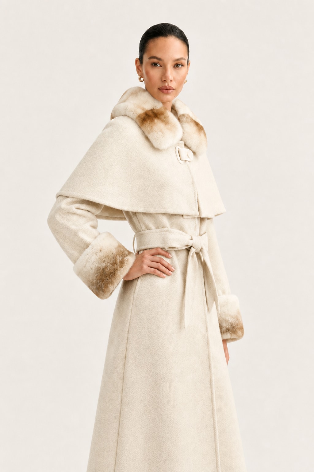 Double-Faced Wool Cape With Rabbit Fur Collar - 4