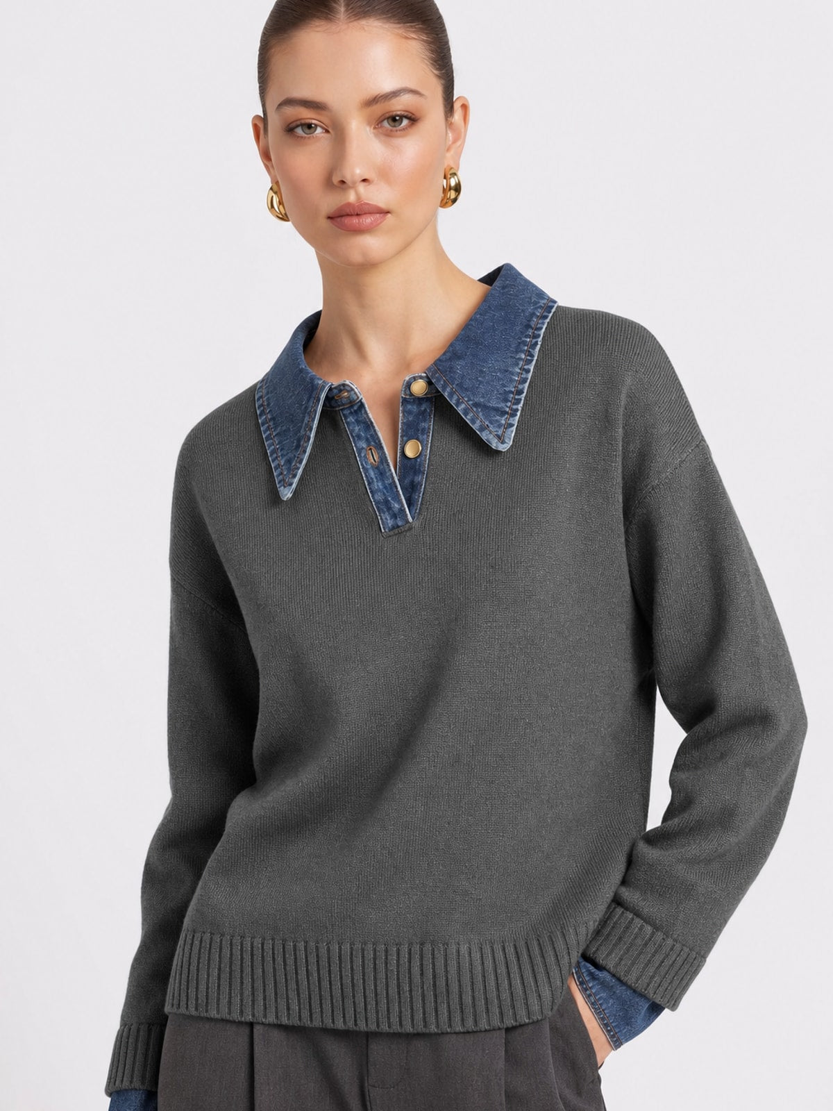 Knit Panel Lapel Relaxed Sweater - 5