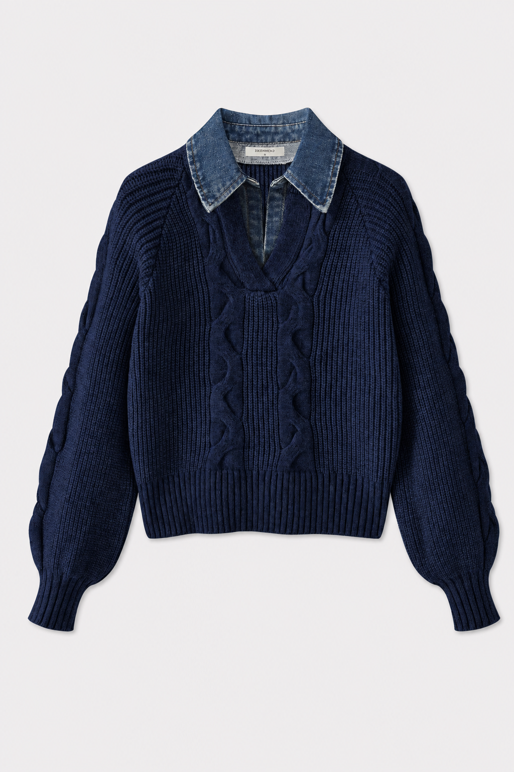 Denim Panel Sweater with Ribbed Lapel - view 7