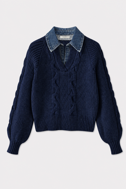Denim Panel Sweater with Ribbed Lapel - view 7