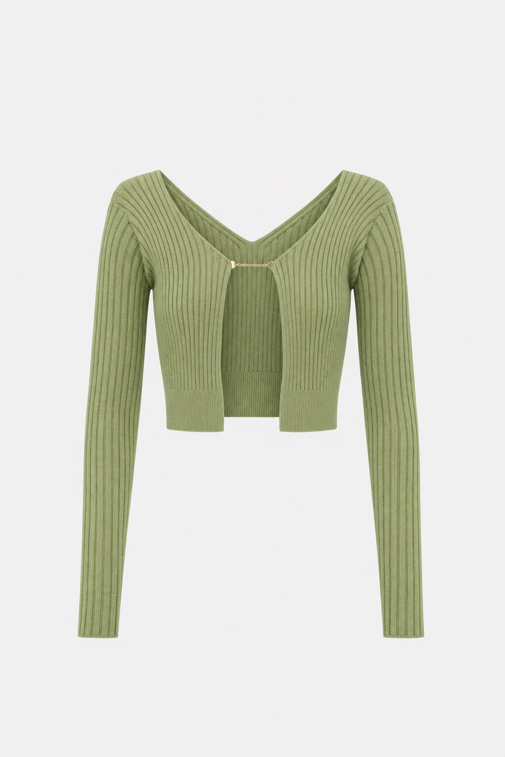 Green Ribbed Knit Chain-Detail Top - 1