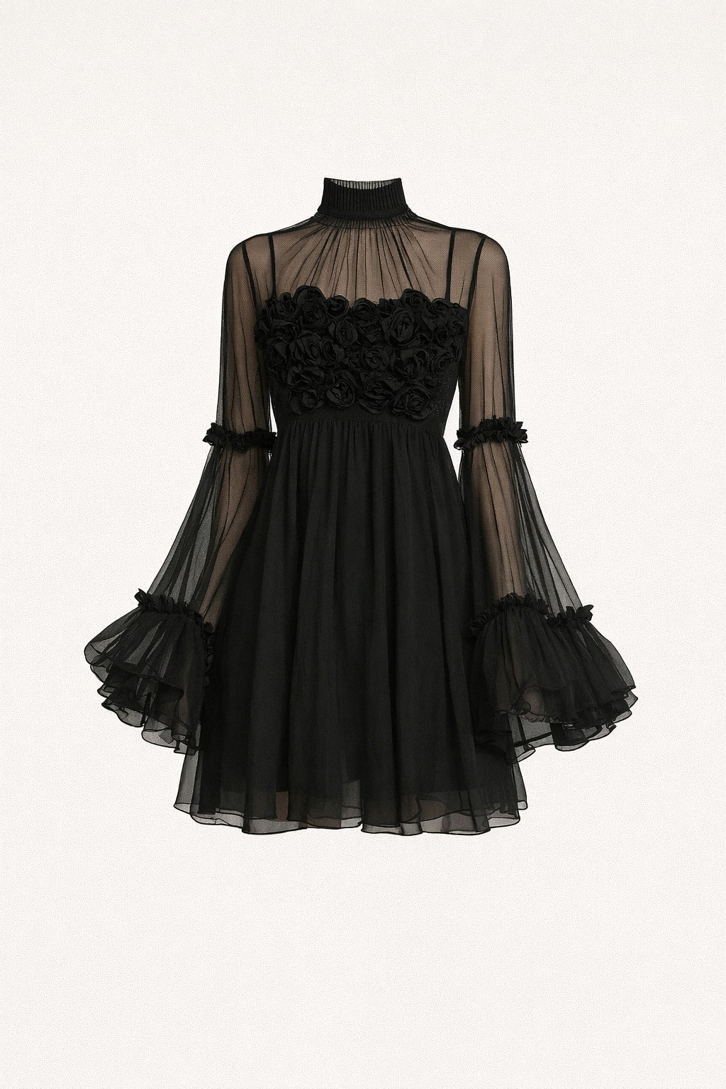 Synthetic Fiber Mesh Mini Dress With 3D Floral Appliques - 1