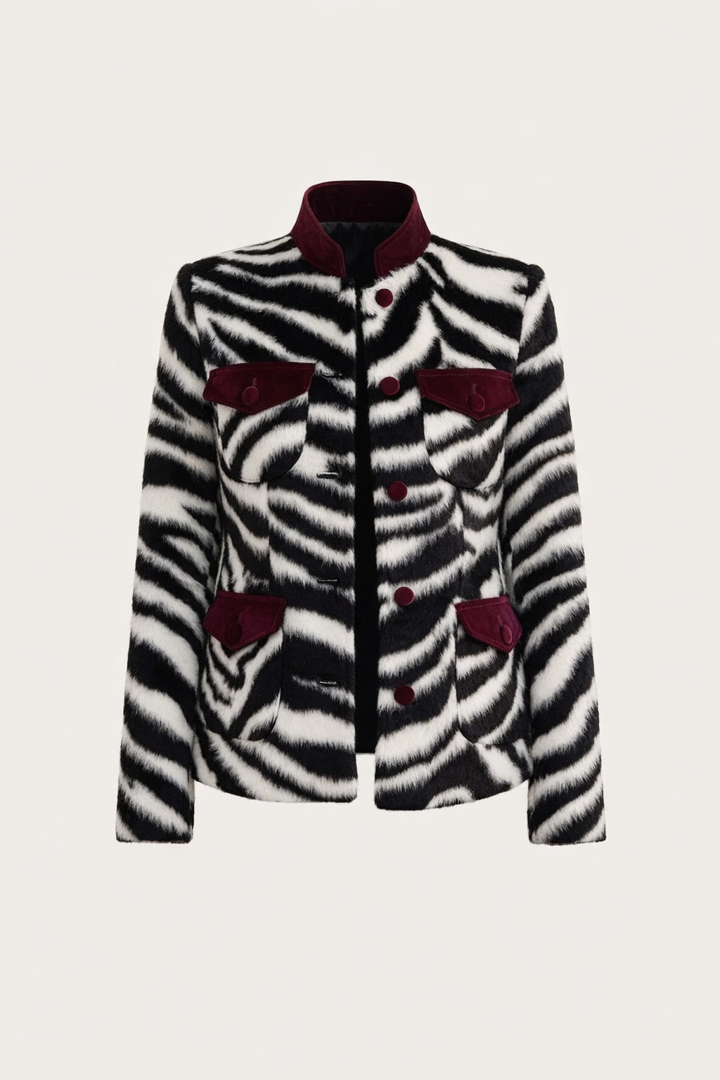 Polyester Jacket With Stand Collar And Zebra Print - 1