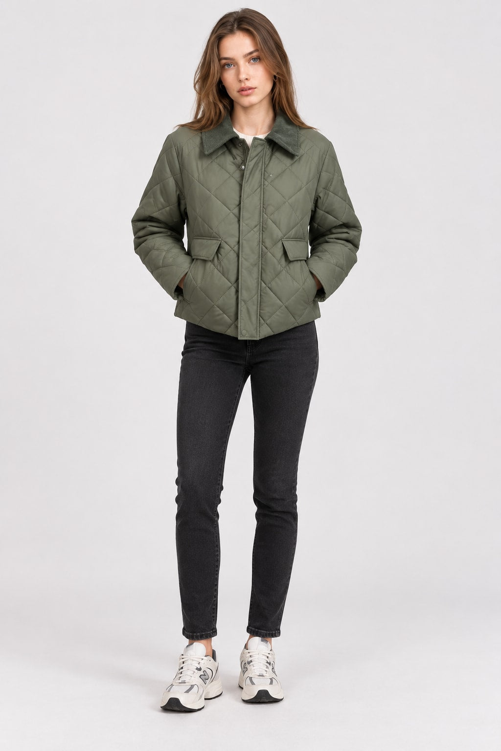 Quilted Jacket Lapel Cropped Winter Coat - 5