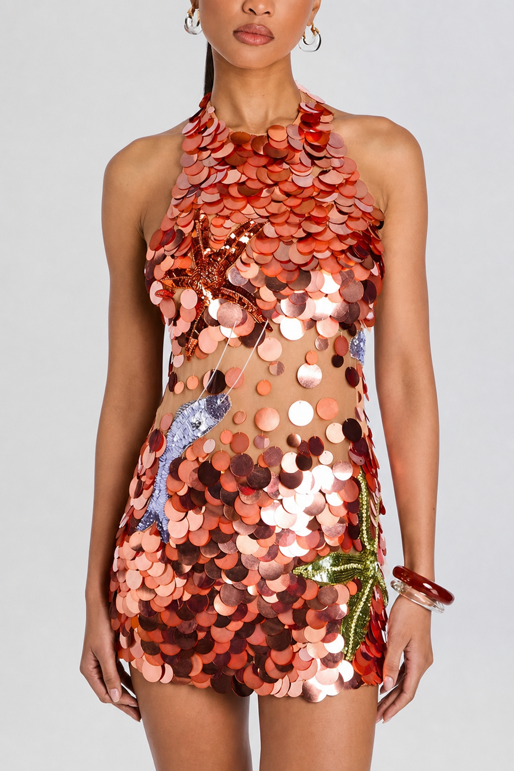 Red sequin halter mini dress with open back - view 4