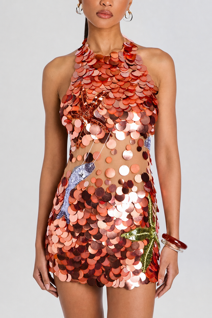 Red sequin halter mini dress with open back - view 4