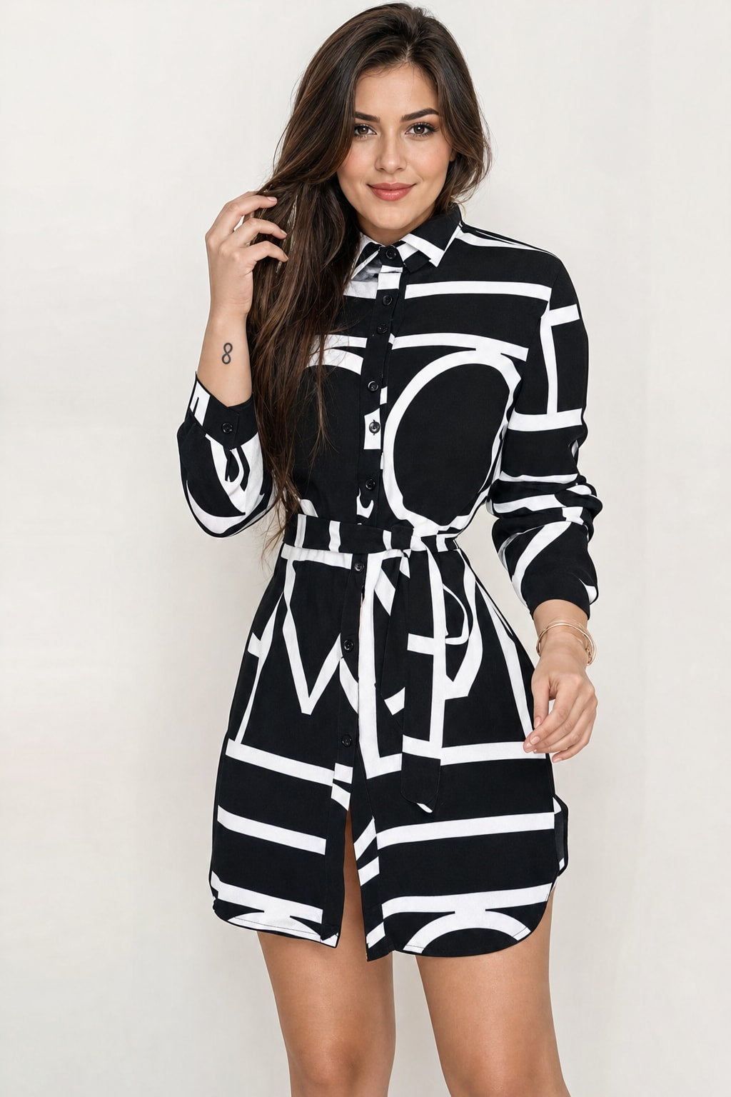 Geometric Print Shirt Dress With Belted Waist - 6