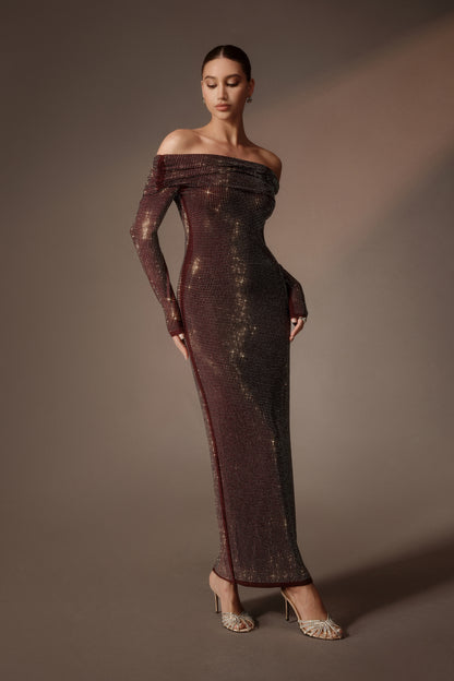 Burgundy rhinestone mesh off-shoulder maxi dress - view 5