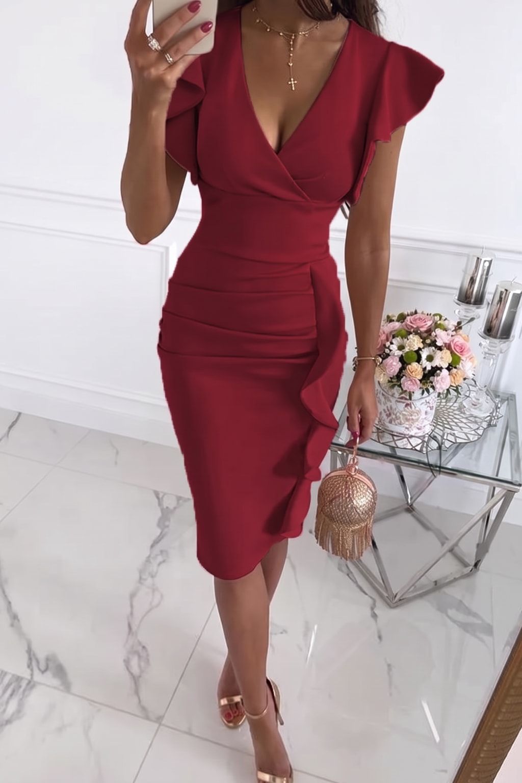 Ruched Midi Cocktail Dress With V-Neck - 7
