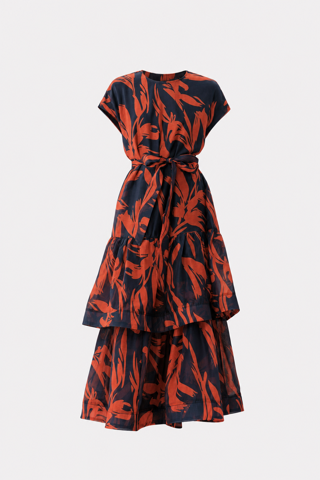 Red leaf print tiered maxi dress with tie belt