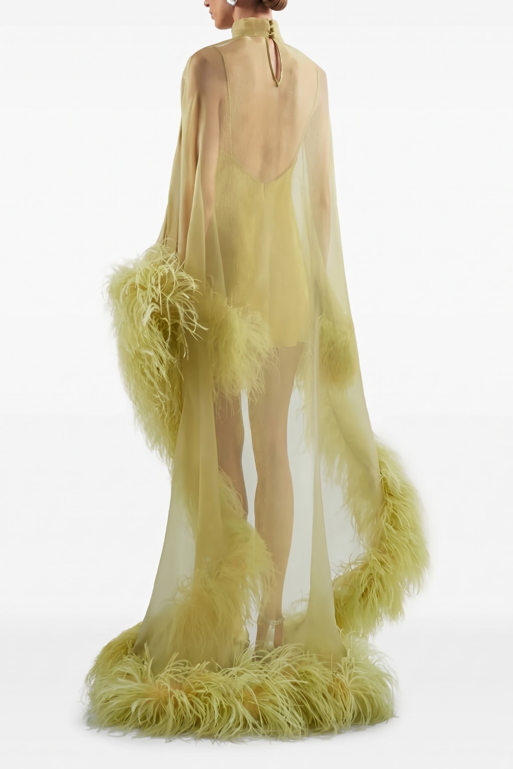 Tulle Maxi Dress With Feather Trim And High Neck Cape - 3