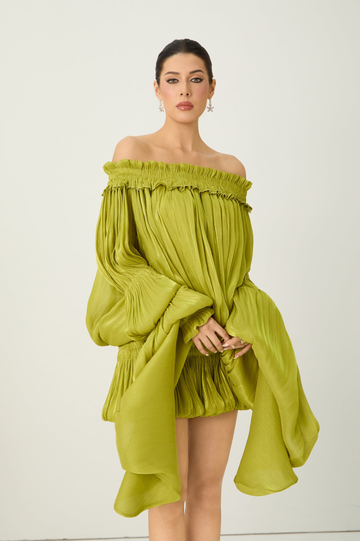 Green Off-Shoulder Ruffle Mini Dress, Pleated - view 3
