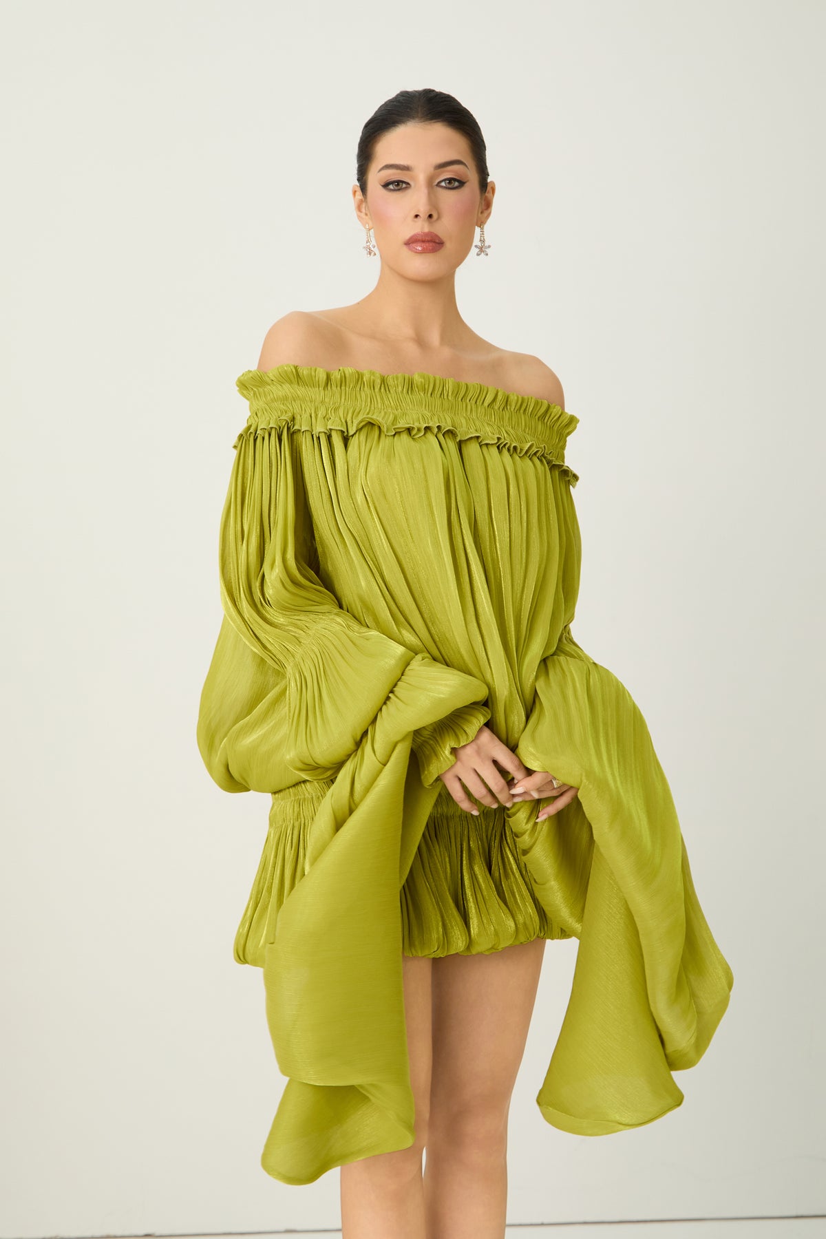 Green Off-Shoulder Ruffle Mini Dress, Pleated - view 3
