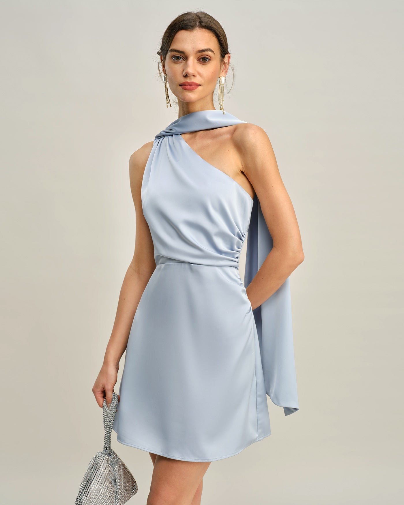 One-Shoulder Satin Mini Dress in Blue - view 2