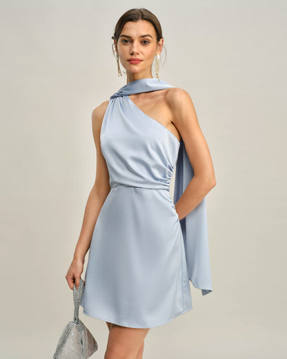 One-Shoulder Satin Mini Dress in Blue - view 2