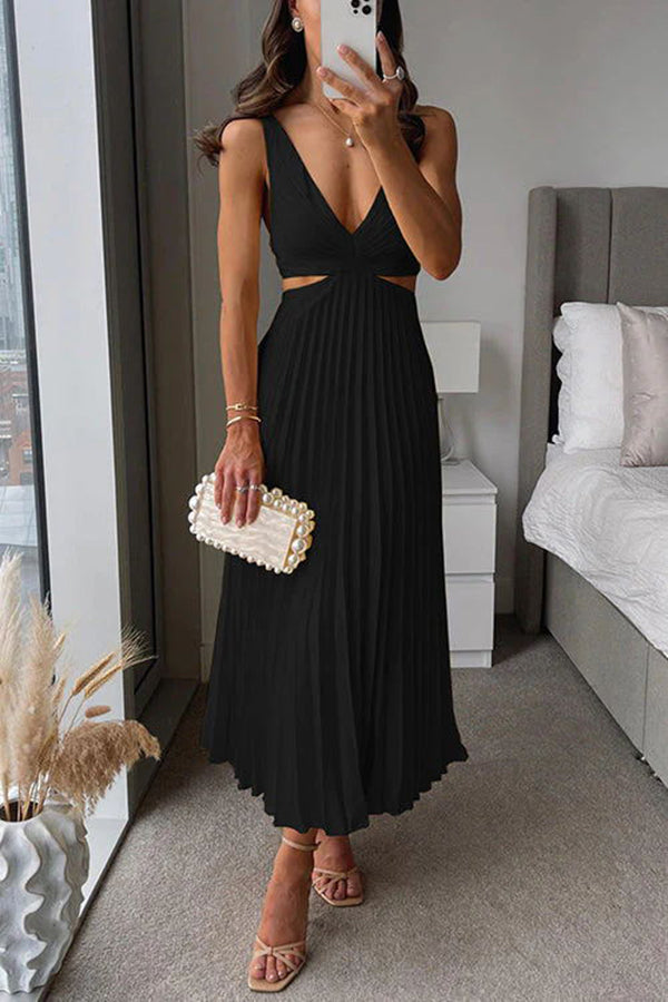 Satin pleated maxi dress with cutout waist - view 5
