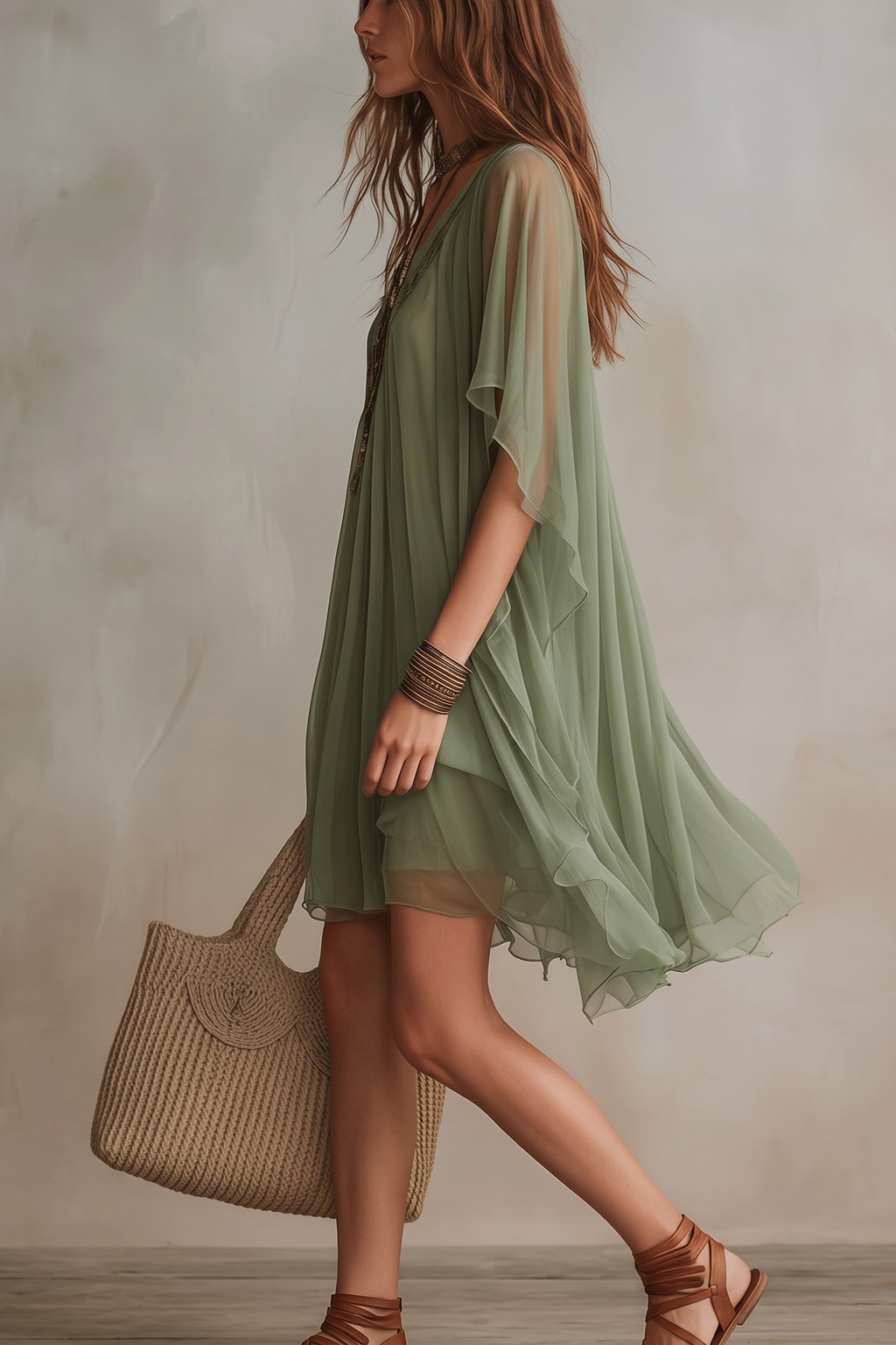 Chiffon Mini Dress With Flowing V-Neck Hem - 3