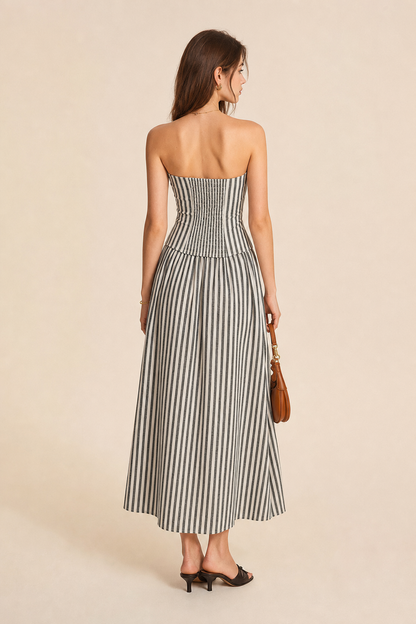 Striped Cotton Linen Strapless Maxi Dress - view 3