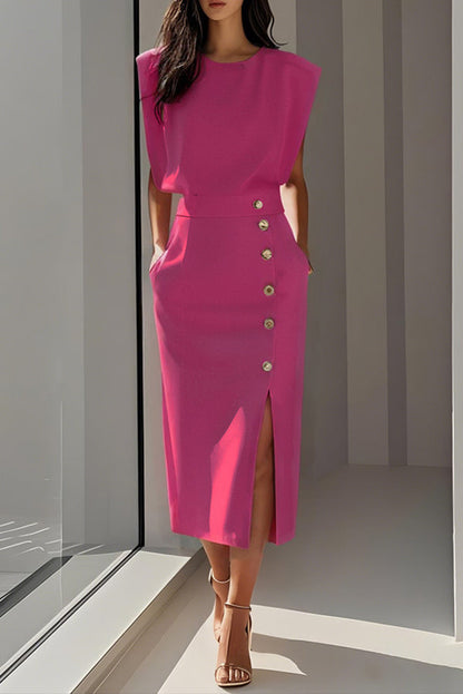 Sleeveless midi dress with button side slit - view 8